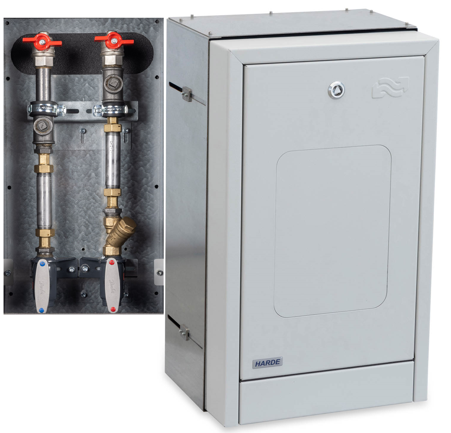 Indmuringsskab H590B350D200-350mm. - RAL7035 - Kompositlåge - målerinstallation - Danfoss Enkeltrør DN20 m/m