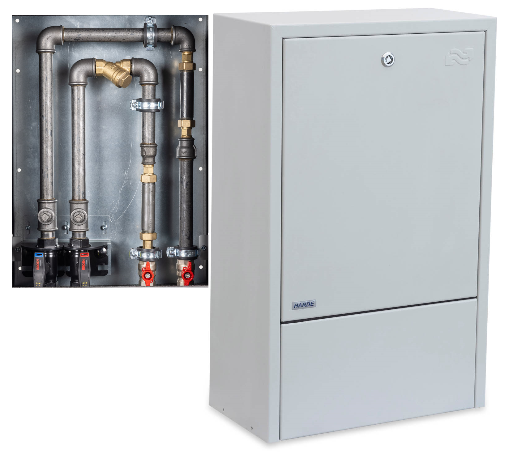 Skab væghængt H775 B480 D250 mm. RAL7035 - kælder/målerinstallation - Broen DN20 m/m