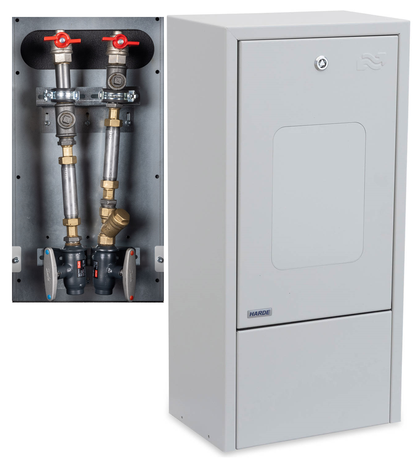 Skab væghængt H775 B380 D250 mm. RAL7035 - Kompositlåge - målerinstallation - Danfoss Twinrør DN20 m/m