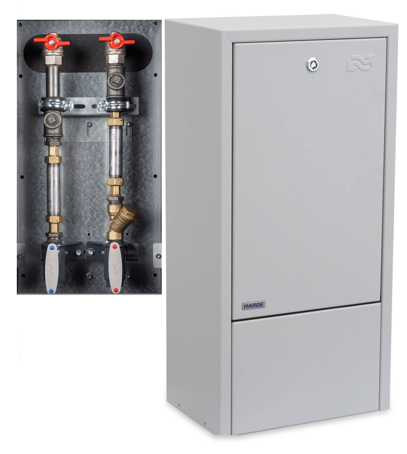 Skab væghængt H775 B380 D250 mm. RAL7035 - målerinstallation - Danfoss Enkeltrør DN20 m/m