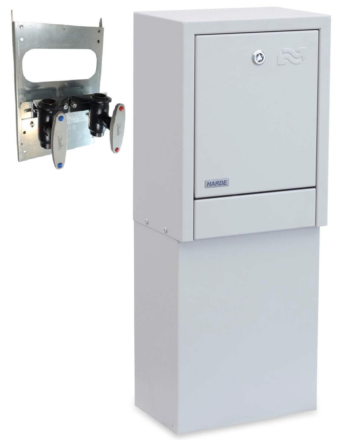 Skab væghængt H400/775 B310 D210 mm. med skørt - RAL7035 -Danfoss dn20 en. rørs ventiler mont. på bagplade.