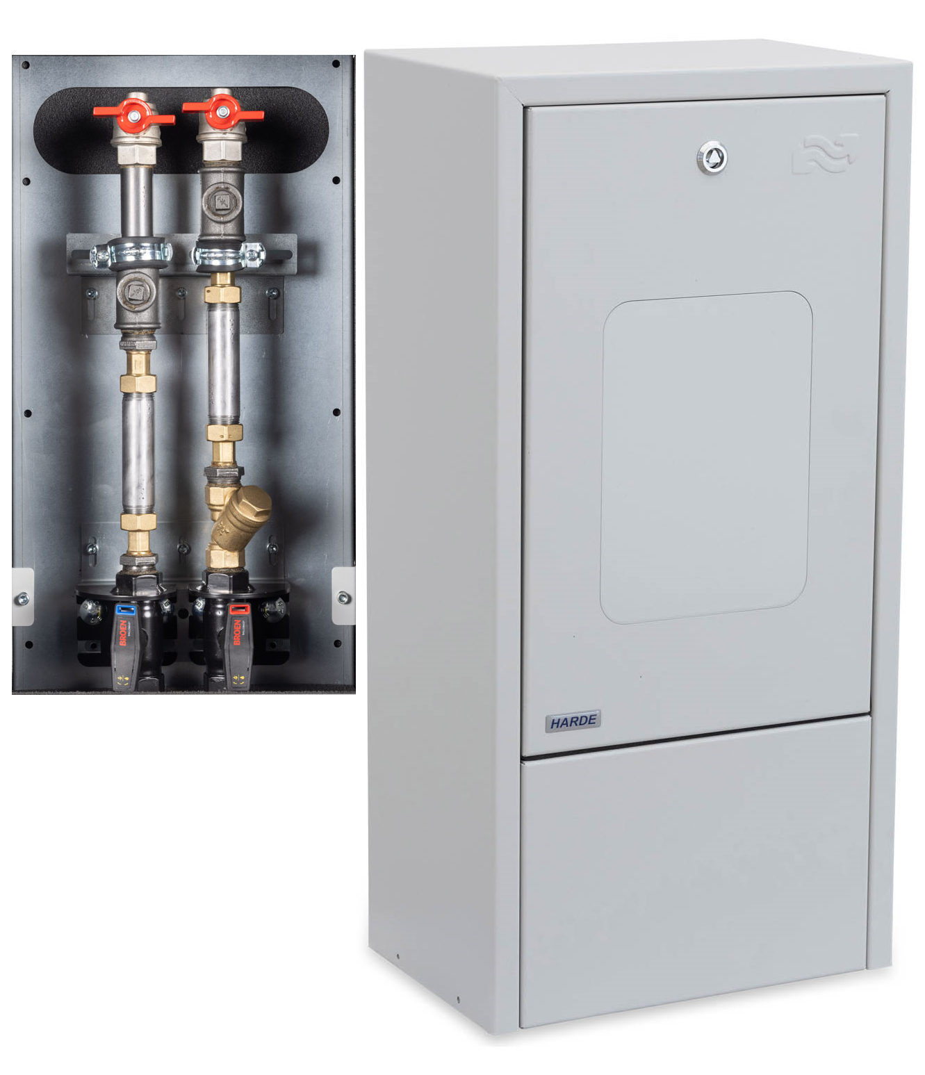 Skab væghængt H775 B380 D250 mm. RAL7035 - Kompositlåge - målerinstallation - Broen DN20 m/m