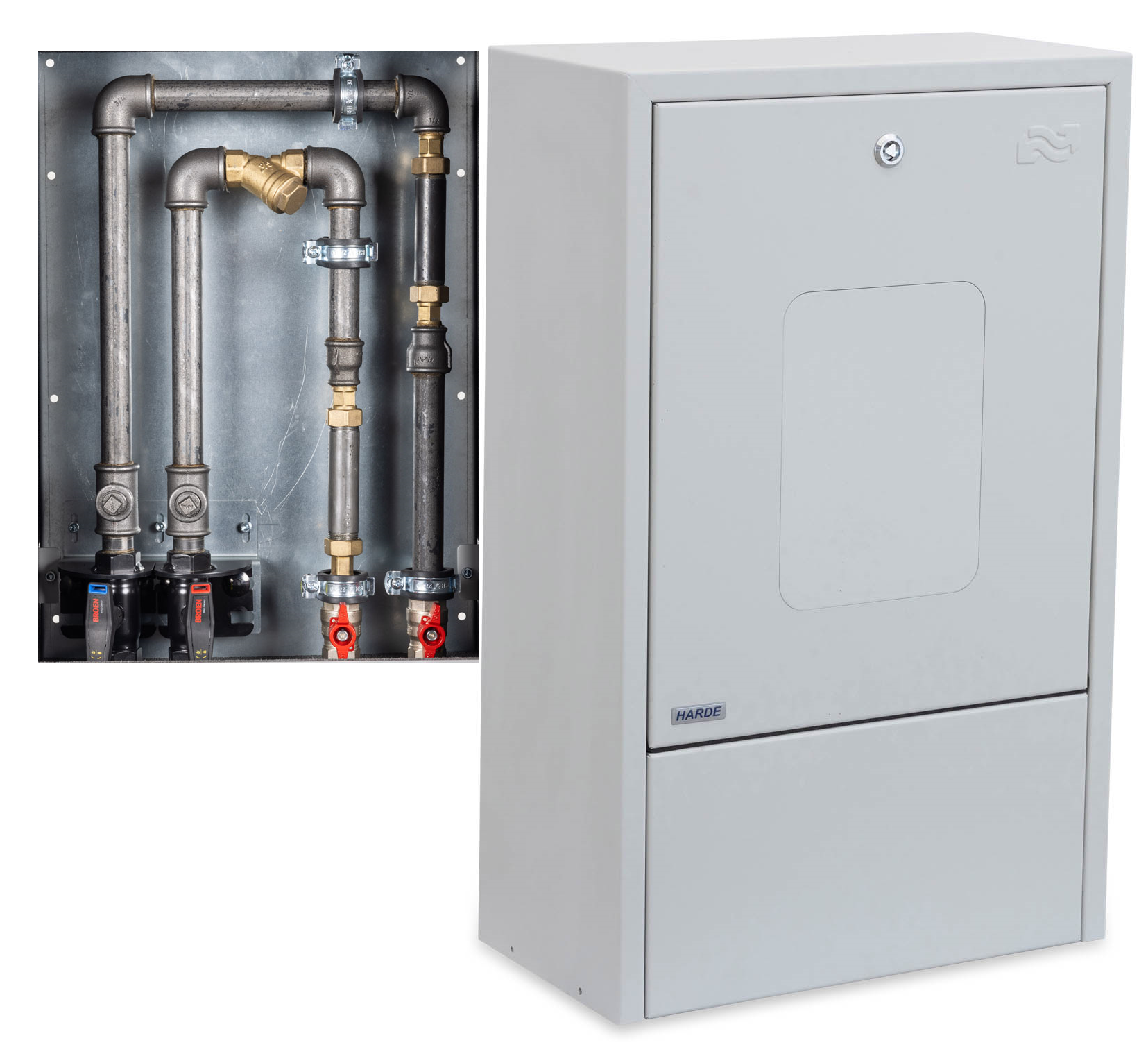 Skab væghængt H775 B480 D250 mm. RAL7035 - kælder/målerinstallation - kompositlåge - Broen DN20 m/m