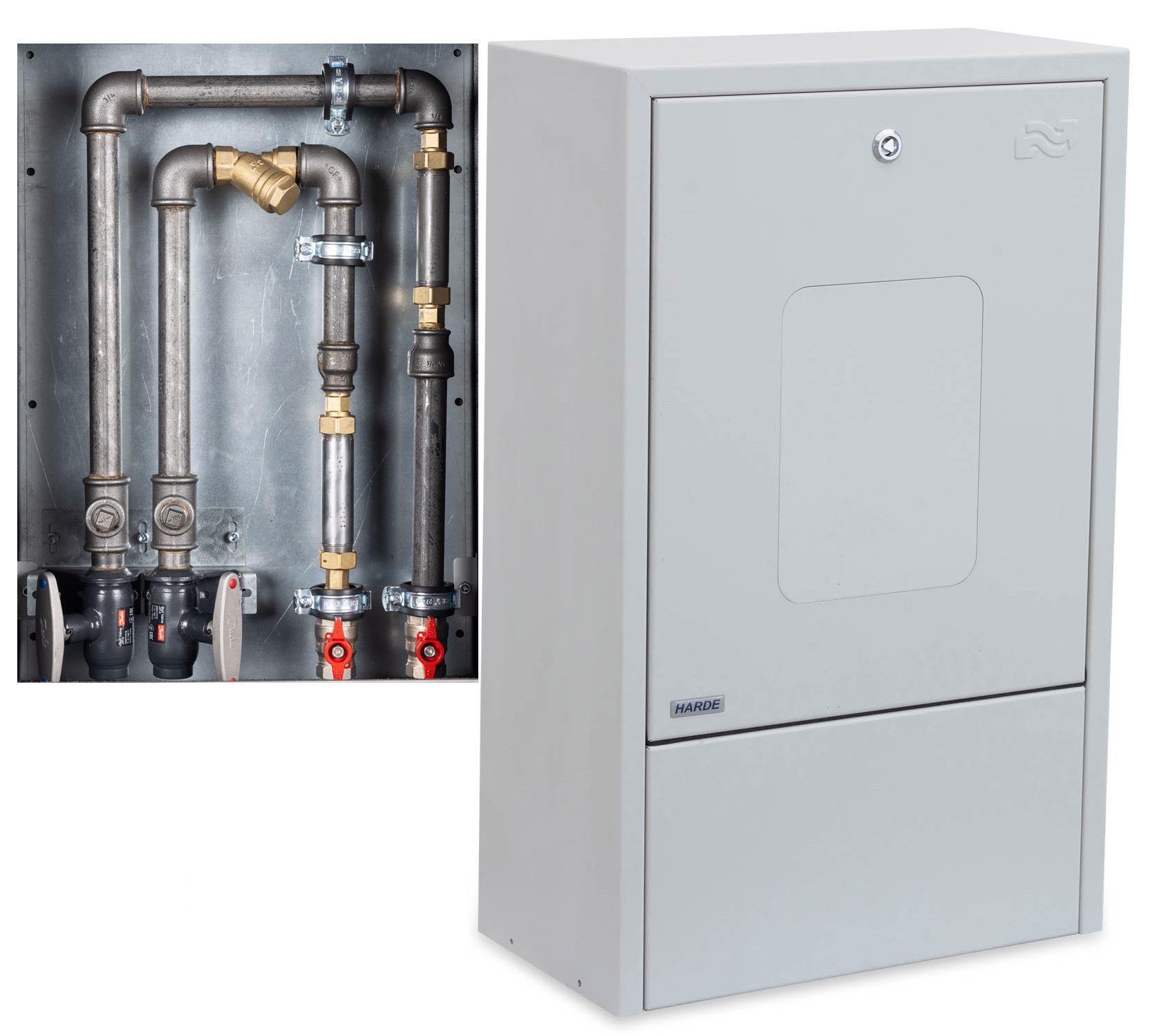 Skab væghængt H775 B480 D250 mm. RAL7035 - kælder/målerinstallation - kompositlåge - Danfoss Twinrør DN20 m/m