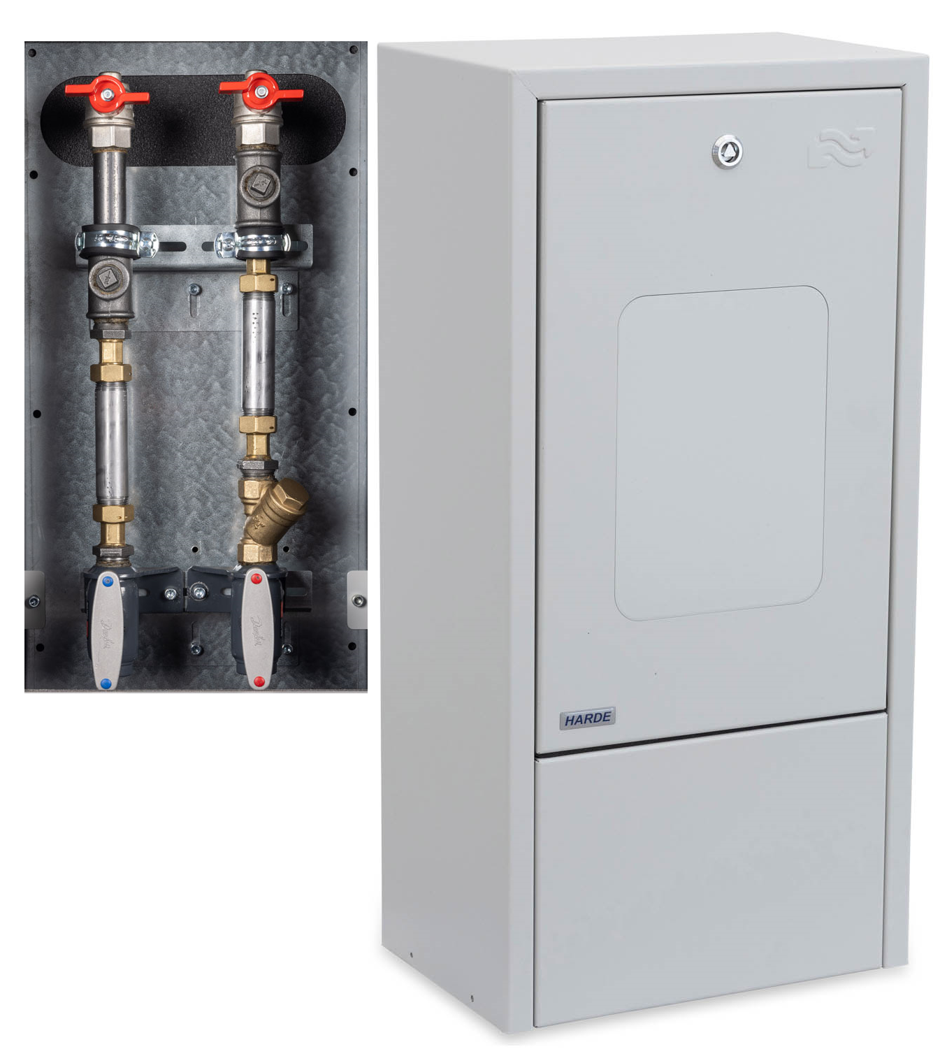 Skab væghængt H775 B380 D250 mm. RAL7035 - Kompositlåge - målerinstallation - Danfoss Enkeltrør DN20 m/m