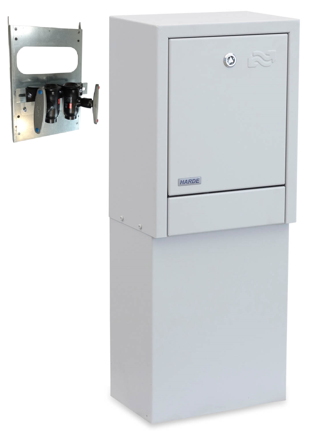 Skab væghængt H400/775 B310 D210 mm. med skørt - RAL7035 -Danfoss dn20 tw rørs ventiler mont. på bagplade.