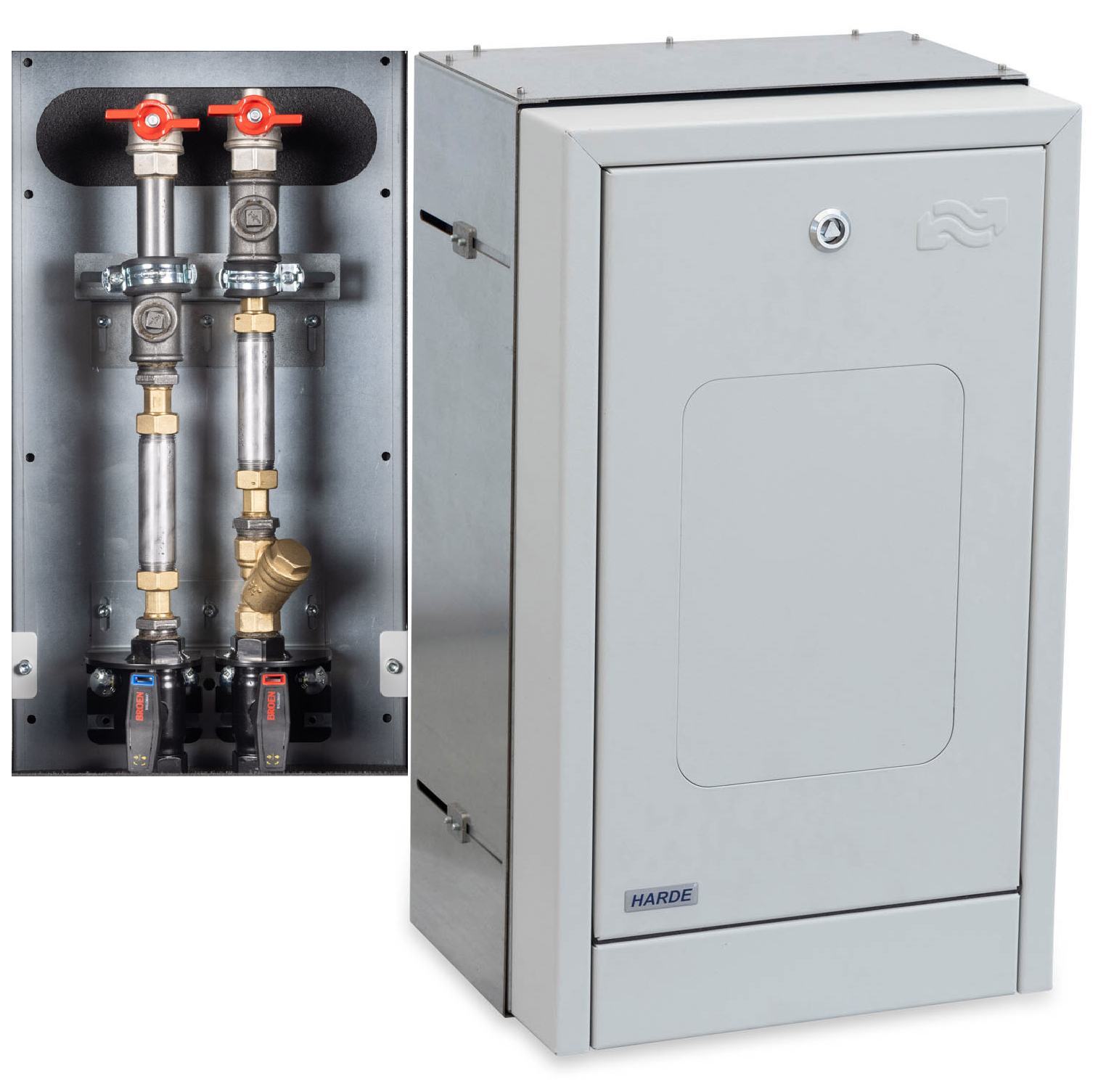 Indmuringsskab H590B350D200-350mm. - RAL7035 - Kompositlåge - målerinstallation - Broen DN20 m/m