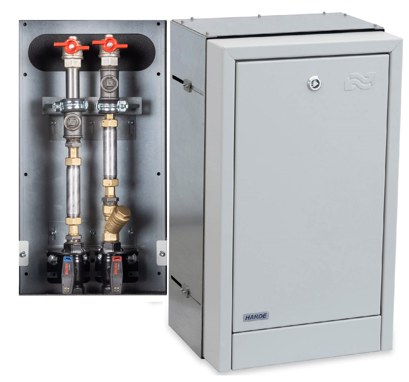 Indmuringsskab H590B350D200-350mm. - RAL7035 - målerinstallation - Broen DN20 m/m
