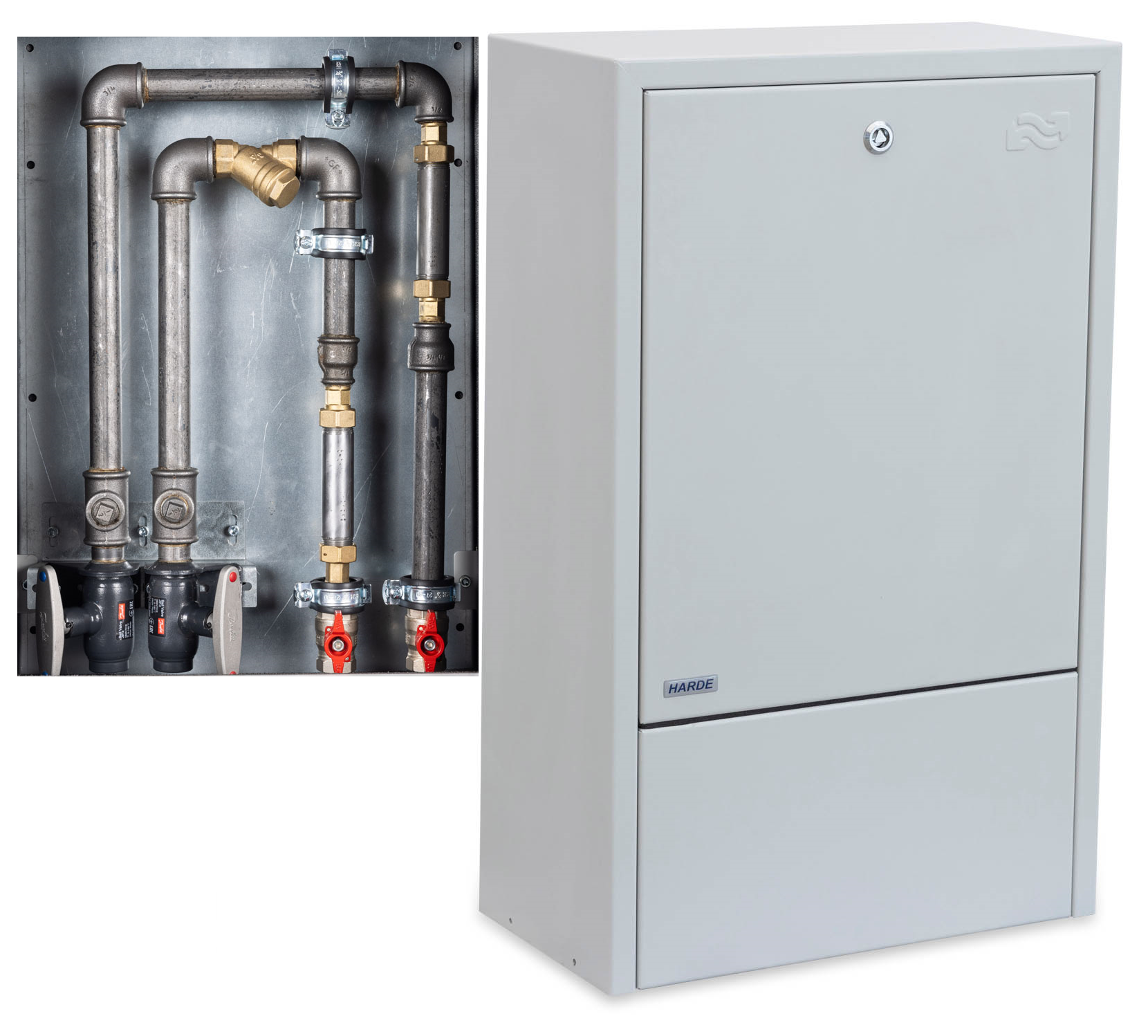 Skab væghængt H775 B480 D250 mm. RAL7035 - kælder/målerinstallation - Danfoss Twinrør DN20 m/m
