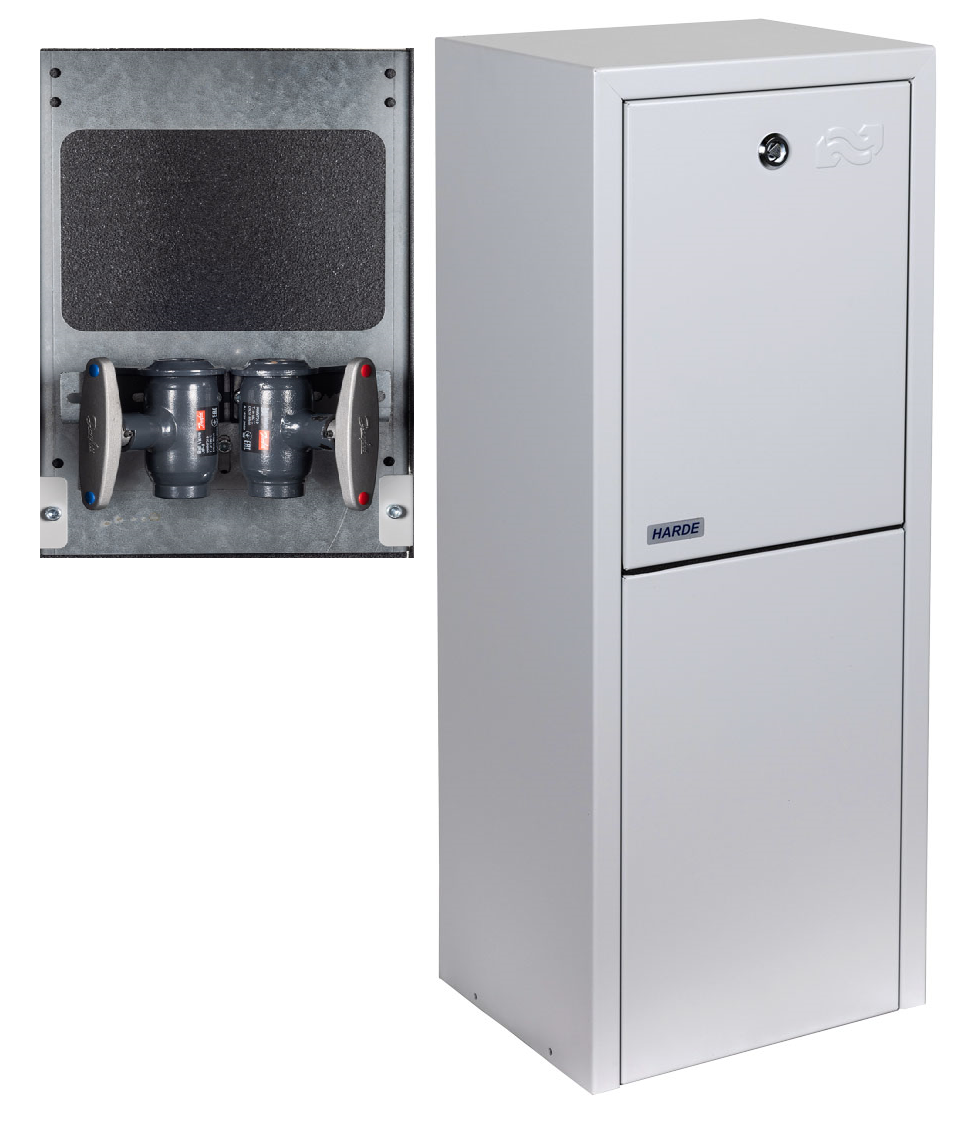 Skab væghængt H775 B310 D250 mm. RAL 7035 - til afspærring - Danfoss Twinrør DN20 m/m