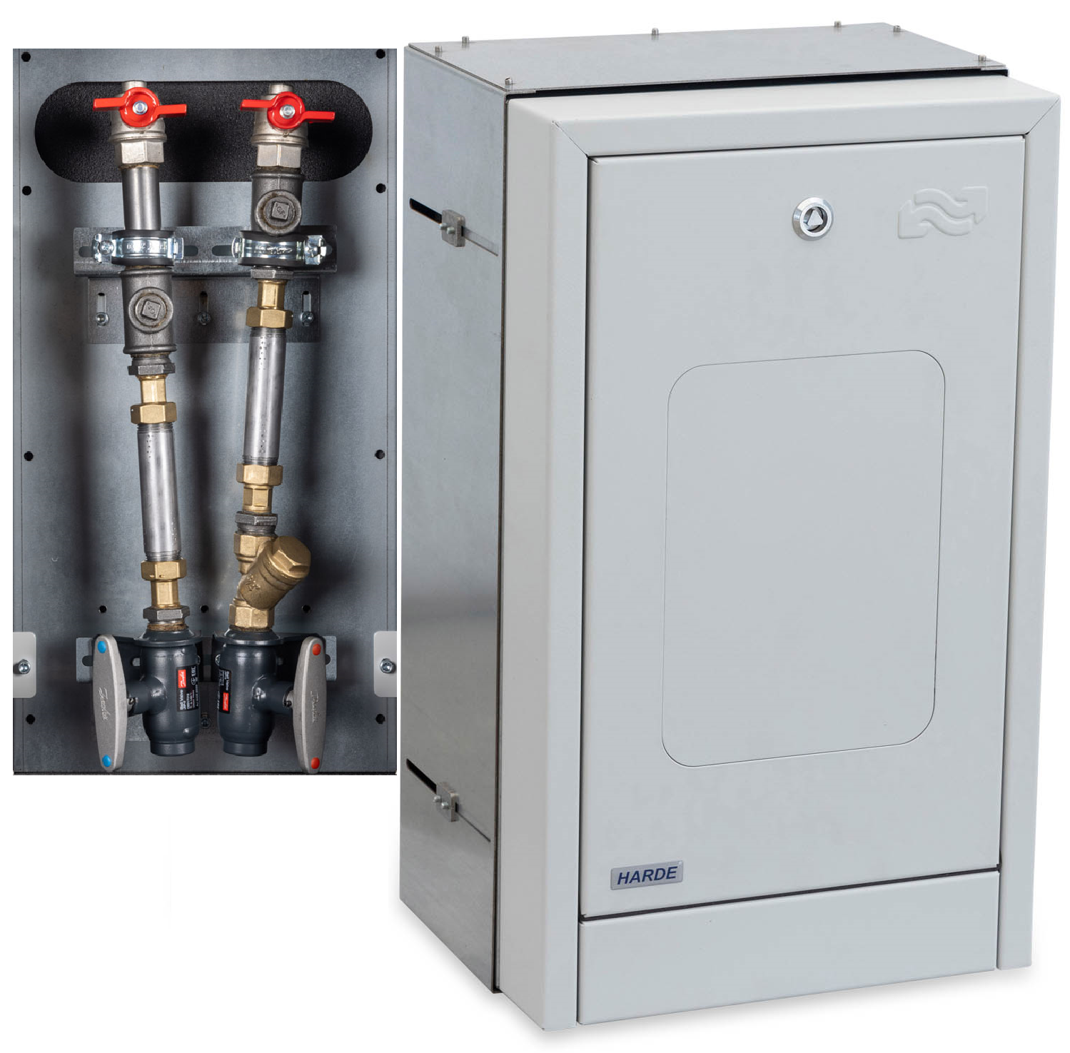 Indmuringsskab H590B350D200-350mm. - RAL7035 - Kompositlåge - målerinstallation - Danfoss Twinrør DN20 m/m