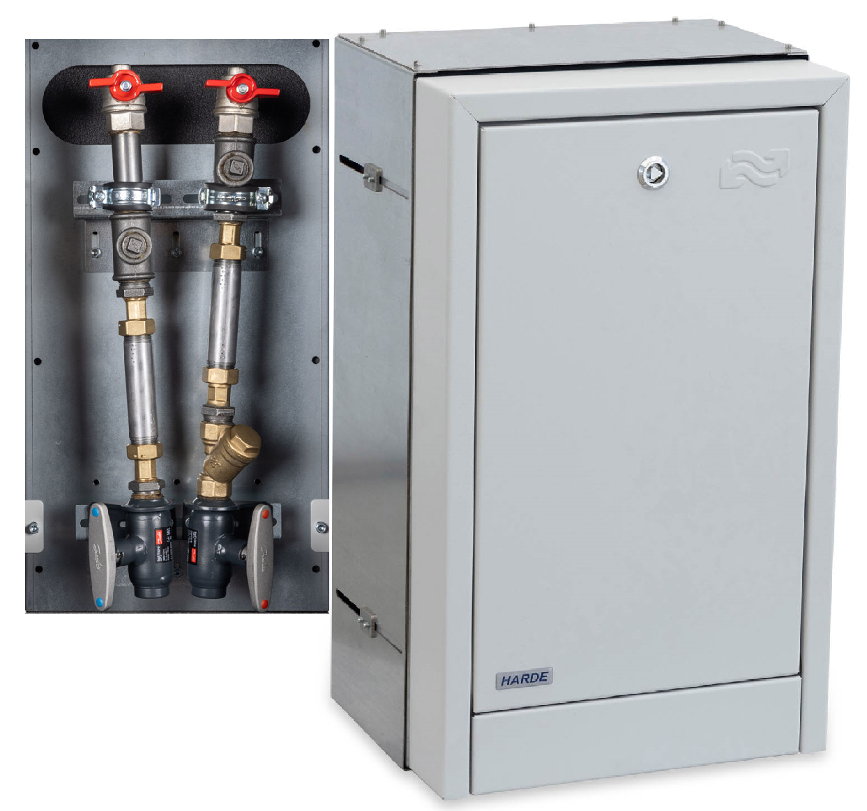 Indmuringsskab H590B350D200-350mm. - RAL7035 - målerinstallation - Danfoss Enkeltrør DN20 m/m