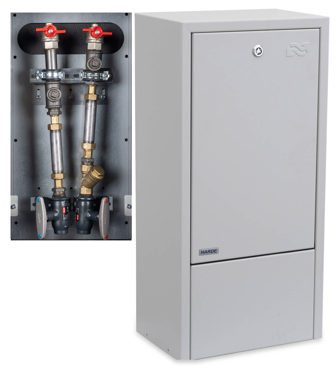 Skab væghængt H775 B380 D250 mm. RAL7035 - målerinstallation - Danfoss Twinrør DN20 m/m